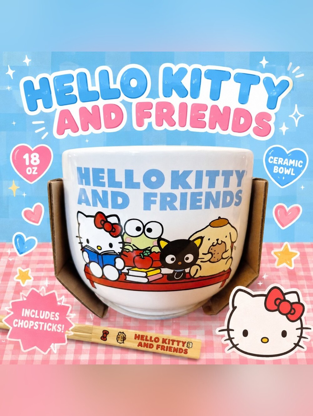 Hello Kitty & Friends Ceramic Bowl w Chopsticks Sanrio Kawaii Ramen Soup Bowl